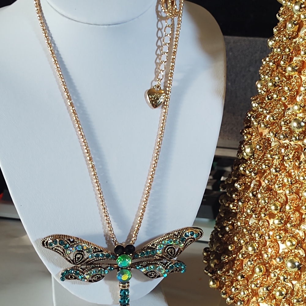 Betsey Johnson Gold and Teal Dragonfly Necklace - Picture 4 of 5